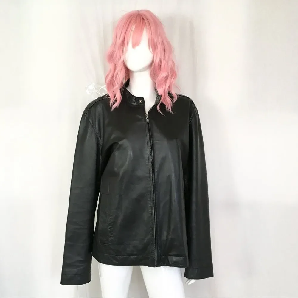 INC Black 100% Genuine Leather Center Zipper Motorcycle Jacket L